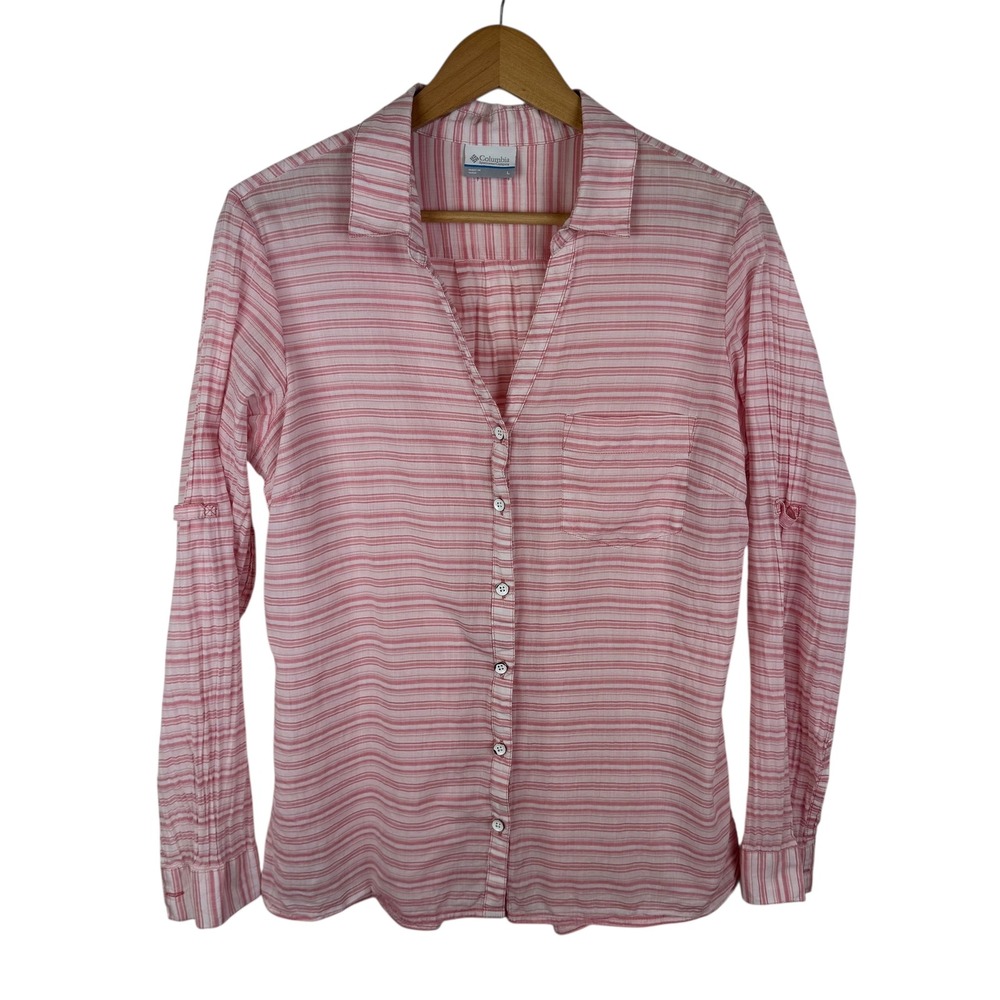 Columbia Pink Striped Shirt Large Roll Tab Lightweight Outdoors Coastal Hiking